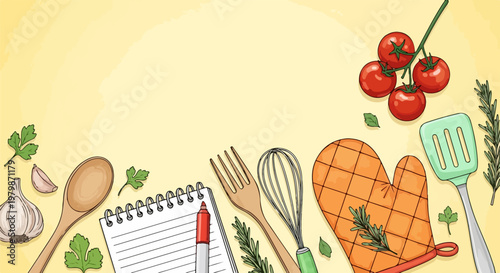 Hand drawn cooking background with kitchen utensils and fresh ingredients, culinary recipe notebook with vegetables and herbs, food blog vector illustration