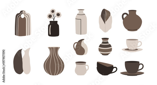 Collection of Ceramic Vases and Cups in Earthy Tones.