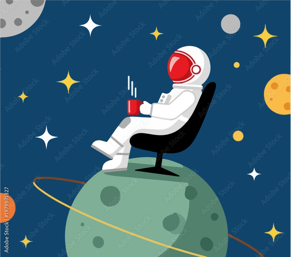 Fototapeta premium Flat vector astronaut sitting on planet drinking coffee, spaceman relaxing in chair among stars and planets, cosmic break concept illustration