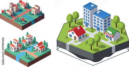 Isometric city map elements, 3D urban landscape vector set, miniature town buildings and residential houses with green trees and blue river