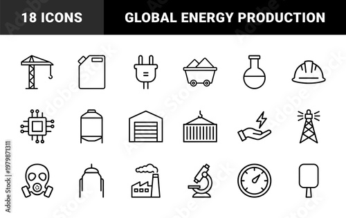 Thin line industrial energy and fuel resource icon collection