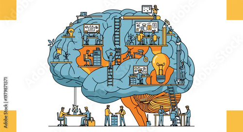 Conceptual human brain factory illustration, creative mind at work with tiny people, mental health and psychology vector, cognitive process metaphor