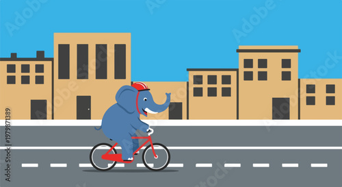 Cartoon elephant riding a bicycle on a city street, blue elephant wearing a red helmet on a red bike, urban cityscape background with buildings