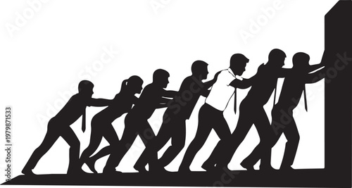 Silhouette of people pushing a large object together