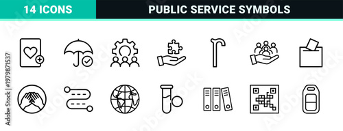 Social policy and government administration linear icons set.