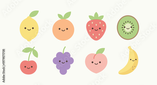 Happy Fruity Medley: A cheerful ensemble of delightful fruit characters, radiating smiles and embodying the joy of fresh, wholesome goodness.