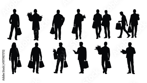A collection of black silhouettes depicts diverse people carrying shopping bags suggesting retail consumerism and daily life high quality professional detailed