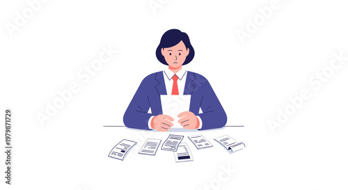 Stressed businesswoman analyzing many documents and financial reports at desk. EPS Editable. Vector Illustrations.
