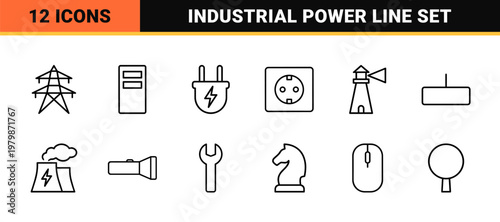 Minimalist energy and electricity line icon set with power and utility symbols