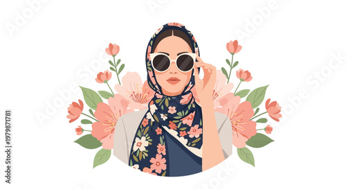 Stylish woman wearing a floral hijab and trendy sunglasses illustration. EPS Editable. Vector Illustrations.