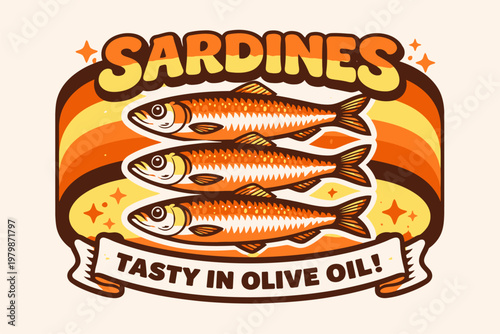 Sardines in Olive Oil: A retro-style illustration showcases the appeal of sardines, offering a glimpse of the culinary delight.