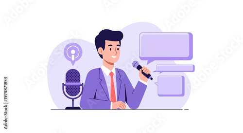 Professional podcast host speaking into microphone with speech bubbles. EPS Editable. Vector Illustrations.