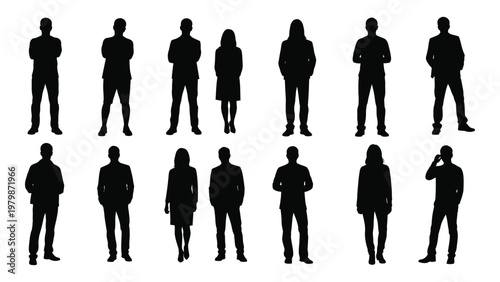 A collection of black silhouettes depicts a diverse group of people standing in various casual poses and attire high quality professional