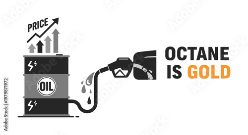 Fuel price increase oil barrel with rising arrows and gas pump nozzle in black and white for finance and economy
