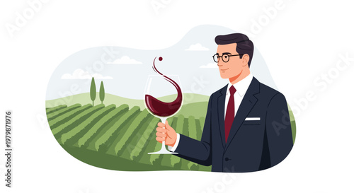 Professional sommelier holding a glass of red wine. EPS Editable. Vector Illustrations.