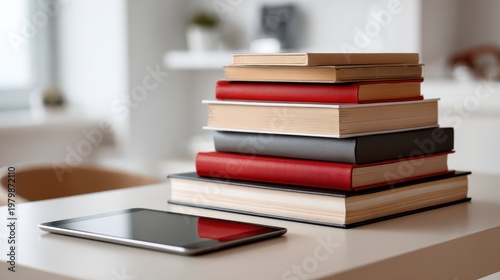 Stacked Books and Tablet on a Modern Workspace Table