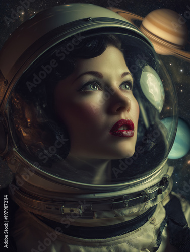 A woman in a retro astronaut suit gazes at Saturn in the background. She wears a clear helmet and has bold red lips. Stars fill the dark space around her, creating a dramatic scene.