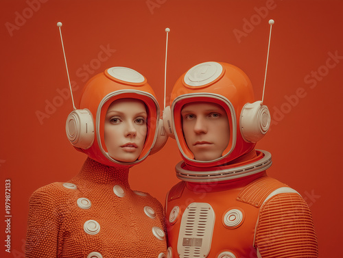 Two astronauts stand close together. They wear bright orange space suits and helmets with antennas. The background is a matching shade of orange. The scene is inspired by 1960s designs and themes.
