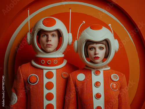 Two retrofuturistic astronauts stand side by side. They wear orange suits with round helmets and are set against a bright orange background with circles. Their expressions show curiosity and wonder.