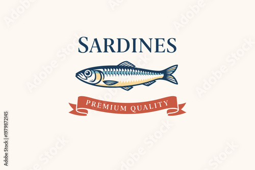 Sardine Illustration: A graphic of a single sardine with the word sardine & premium quality description.