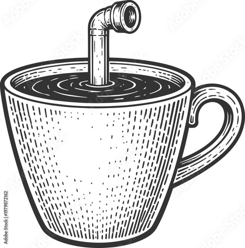 Coffee Mug with Periscope Straw Illustration in Vintage Style