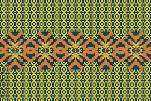 A bold pixel-art seamless pattern with tribal geometric motifs in yellow, navy, and orange. The design features a striking ethnic band across a repeating textured background.