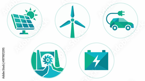 Set of green energy icons featuring solar panels wind turbine electric car hydropower and battery storage. EPS Editable. Vector Illustrations.