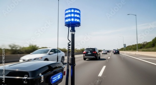 Emergency police light bar mounted on motorcycle or vehicle dashboard with traffic on a highway