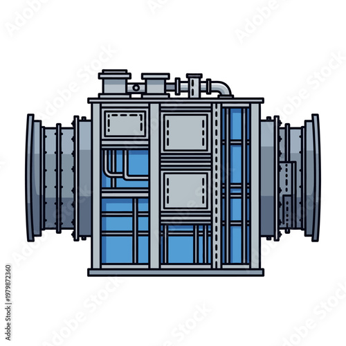 Industrial Machine Engine Turbine with Pipes and Blue Glass Panels