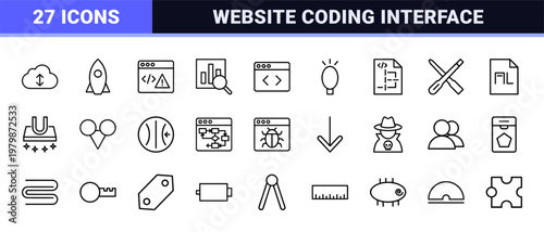 Software engineering and web programming line icon set on grid.