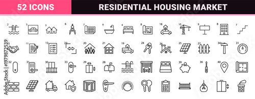 Minimalist real estate and property management line icon set.