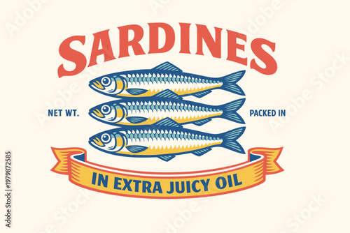 Sardines in Extra Juicy Oil: A vintage-style illustration showcasing a trio of plump sardines swimming in rich oil, a culinary delight. 