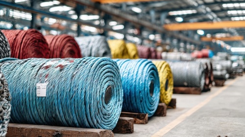 Colorful Coiled Cables and Wire Rolls in Industrial Warehouse Setting