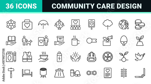 Charity and Humanitarian Aid Volunteer Line Icon Set