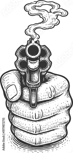 Steady Hand Aiming a Revolver with Smoke in Vintage Ink Illustration