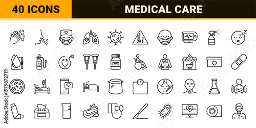 Medical pneumonia and respiratory health outline icon set.