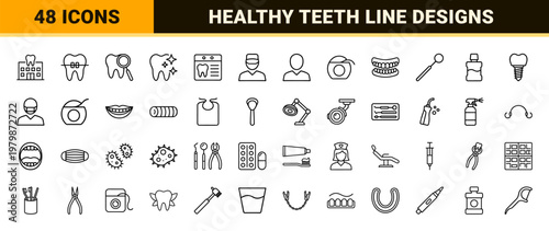 Dental care line icons for oral hygiene and dentistry professionals.