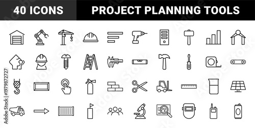 Industrial engineering and project management thin line icons
