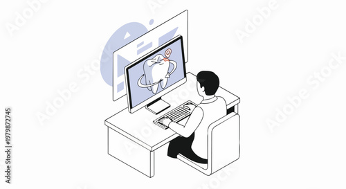 Digital Dentistry Concept: Dentist Analyzing 3D Tooth Model on Computer for Diagnostics and Treatment Planning - Isometric Illustration