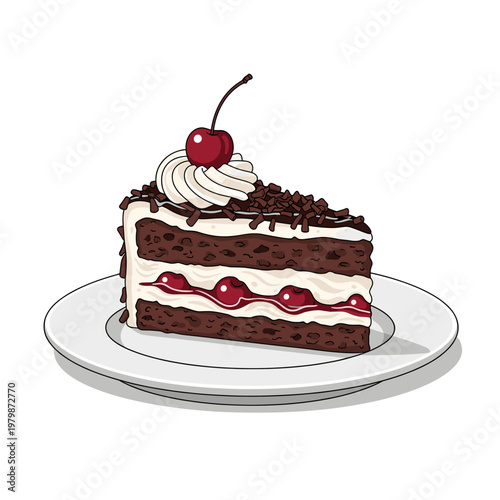 A delicious slice of Black Forest cake with chocolate layers, cream, cherry filling, and a cherry on top, served on a white plate.