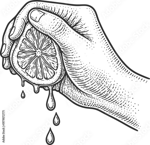 Squeezing Fresh Citrus Juice from a Lemon in Vintage Hand-Drawn Style