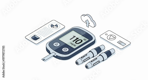 Isometric Diabetes Management Kit Illustration with Glucose Meter, Insulin Pens, and Cloud Data Sync - Digital Health and Blood Sugar Monitoring Concept