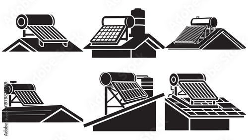 Collection of black silhouette icons illustrating solar water heaters installed on diverse rooftops, symbolizing renewable energy, sustainable technology, and eco-friendly hot water solutions for mode