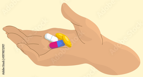 Human hand holding various pills, including capsules and softgels, Ideal for daily health routines, medication adherence, and pharmacy branding.
