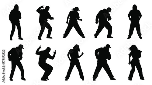 A collection of silhouetted figures depicting dynamic poses suggesting movement and various energetic actions by individuals high quality professional detailed modern