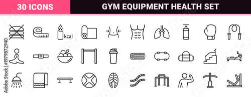 Minimalist gym and fitness line icon set for wellness and health designs.