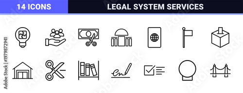 Government and public administration minimalist outline icon set