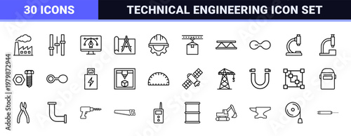 Industrial engineering and manufacturing minimalist line icon set