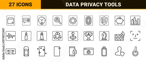 Cyber Security and Digital Data Protection Minimalist Outline Icon Set
