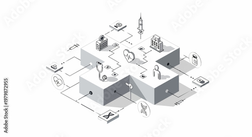 Isometric Healthcare and Medical Technology Network Illustration Featuring 3D Cross, Hospital Icons, DNA, and Medical Equipment for Digital Health Concepts